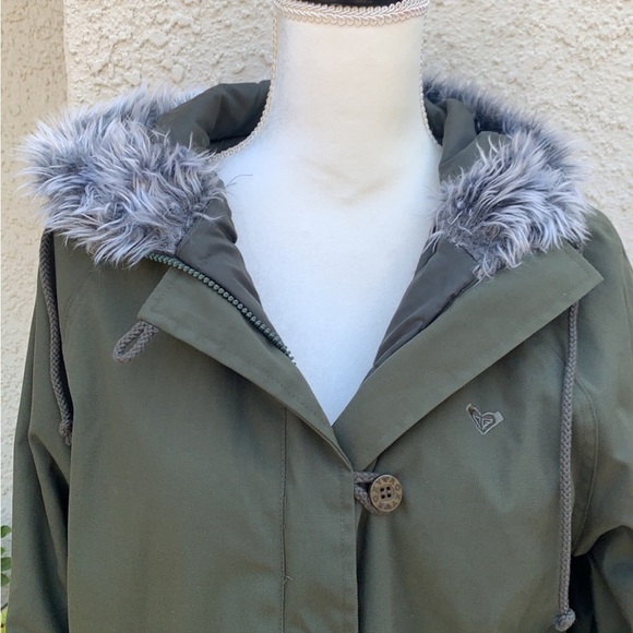 Roxy x Quicksilver Women's Army Green Nylon Faux Fur Collar Jacket Size M - Picture 2 of 9